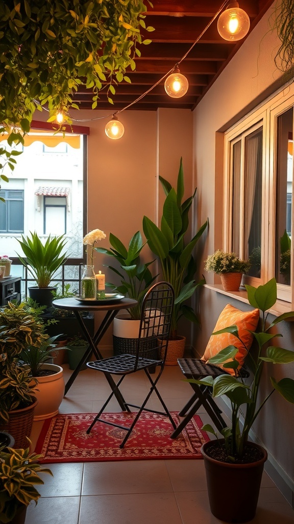 Stylish Apartment Patio Ideas A stylish apartment patio with a bistro table, potted plants, and string lights creating a cozy atmosphere.